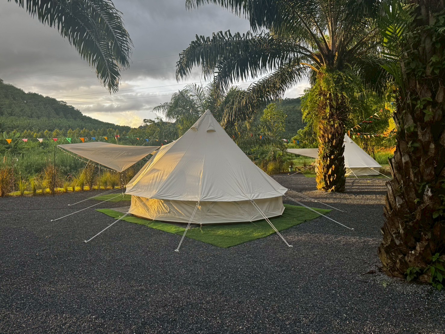 เต็นท์กระโจมสีขาวสไตล์แกลมปิ้งบนพื้นหญ้าเทียมสีเขียว ท่ามกลางต้นปาล์มและธงสีสันสดใส พร้อมวิวภูเขาและท้องฟ้าครึ้มเมฆ