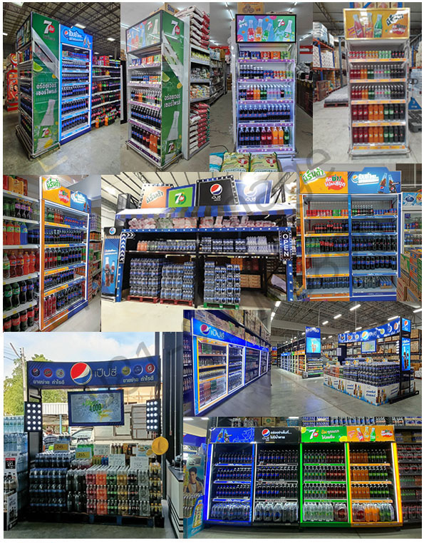ชั้นวางสินค้าเครื่องดื่มเป๊ปซี่และ 7Up ในร้านค้าปลีกและซูเปอร์มาร์เก็ตหลายสาขา แสดงการจัดเรียงสินค้าน้ำอัดลมอย่างเป็นระเบียบ