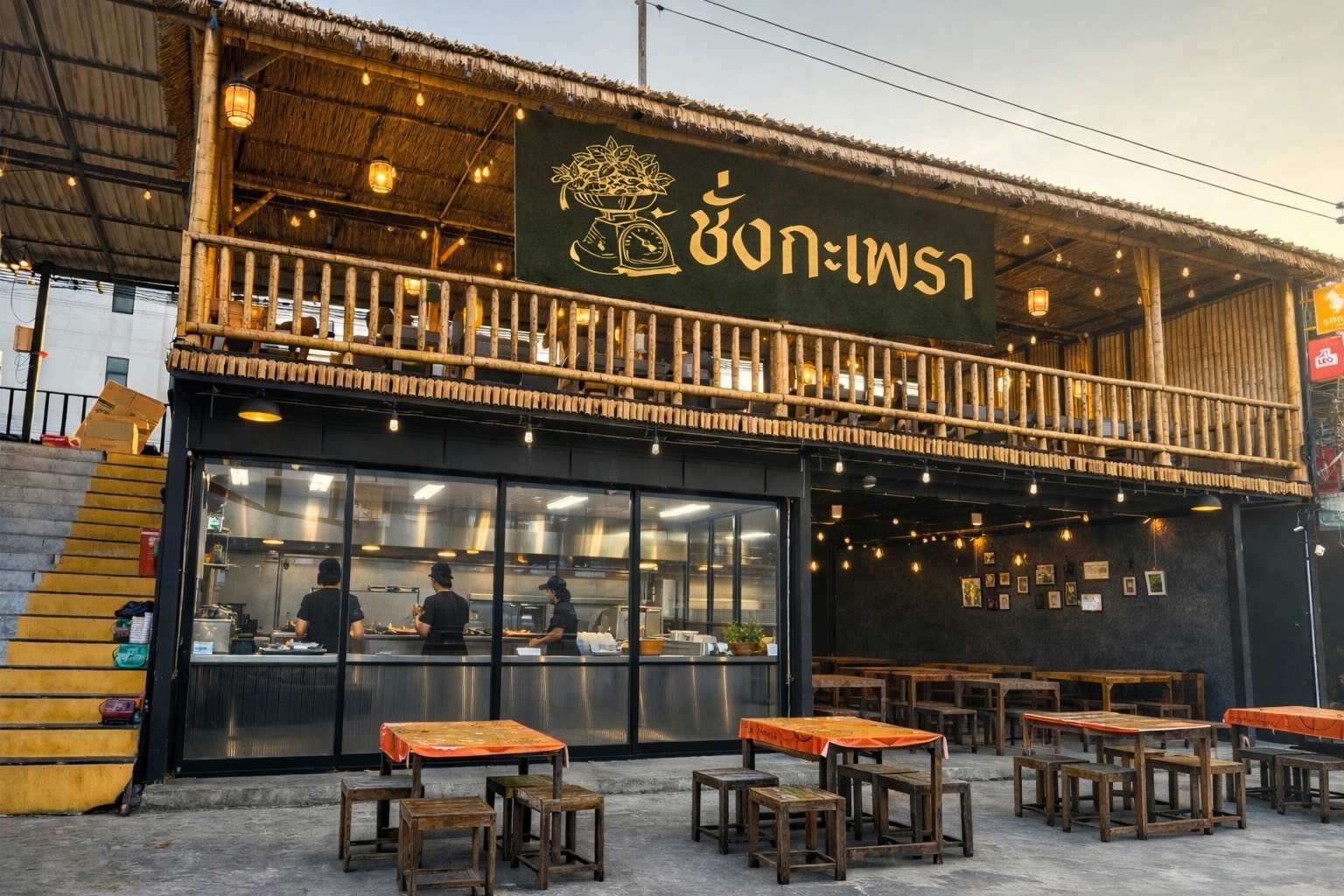 ร้านชั่งกะเพรา ร้านอาหารไทยสไตล์ไม้ไผ่และหญ้าคา มีที่นั่งกลางแจ้ง โชว์ครัวเปิดผ่านกระจกใส พร้อมไฟประดับบรรยากาศอบอุ่น