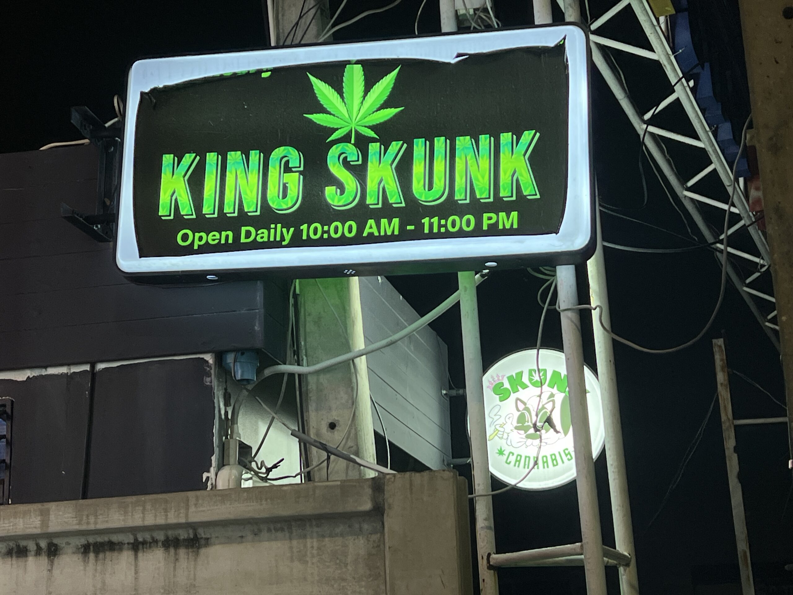 ป้ายไฟร้าน King Skunk เปิดทุกวัน 10:00 AM - 11:00 PM พร้อมโลโก้ใบกัญชาสีเขียวและป้ายกลม Skunk Cannabis