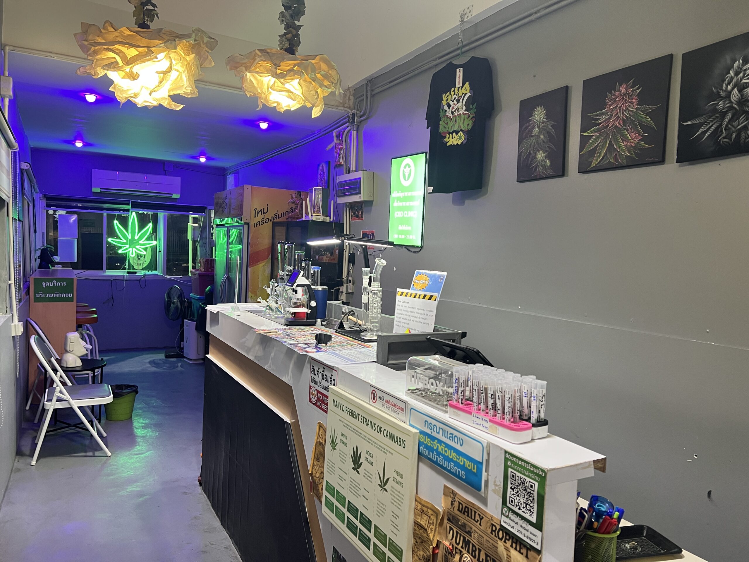 ภายในร้านจำหน่ายกัญชาในประเทศไทย มีเคาน์เตอร์บริการ ไฟนีออนรูปใบกัญชาสีเขียว ภาพวาดใบกัญชาบนผนัง และอุปกรณ์ต่างๆ บนเคาน์เตอร์