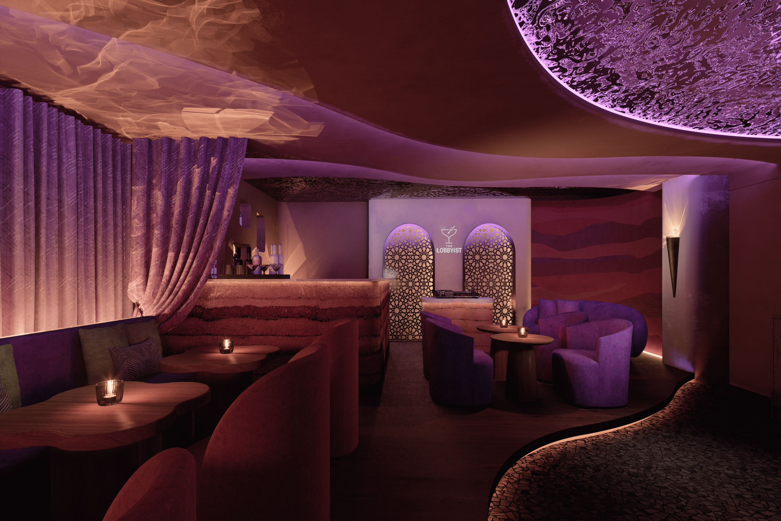 บาร์เลานจ์ The Lobbyist ตกแต่งโทนสีม่วงและชมพูเข้ม มีโซฟานั่งสบาย เคาน์เตอร์บาร์ ซุ้มประตูลายฉลุสไตล์อาหรับ และไฟเพดานสีม่วงขนาดใหญ่