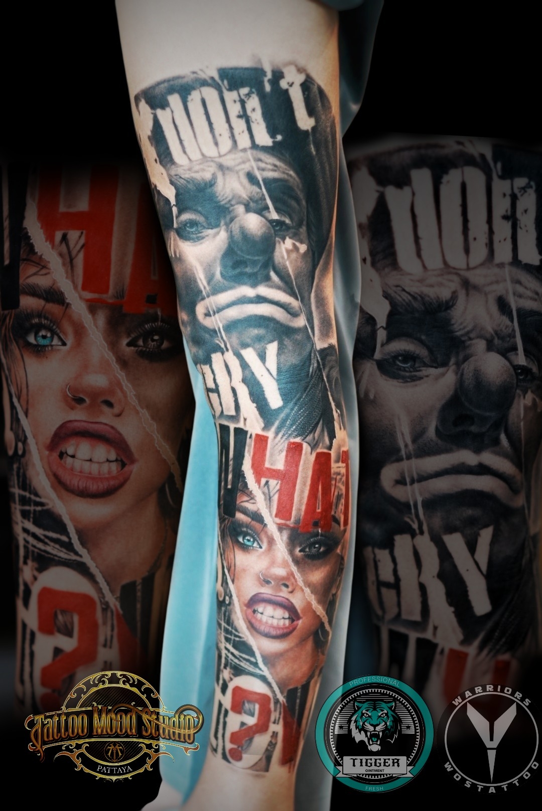 รอยสักแขนเต็มแขนสไตล์เรียลลิสติกจากร้าน Tattoo Mood Studio พัทยา แสดงใบหน้าผู้ชายและผู้หญิงพร้อมตัวอักษร