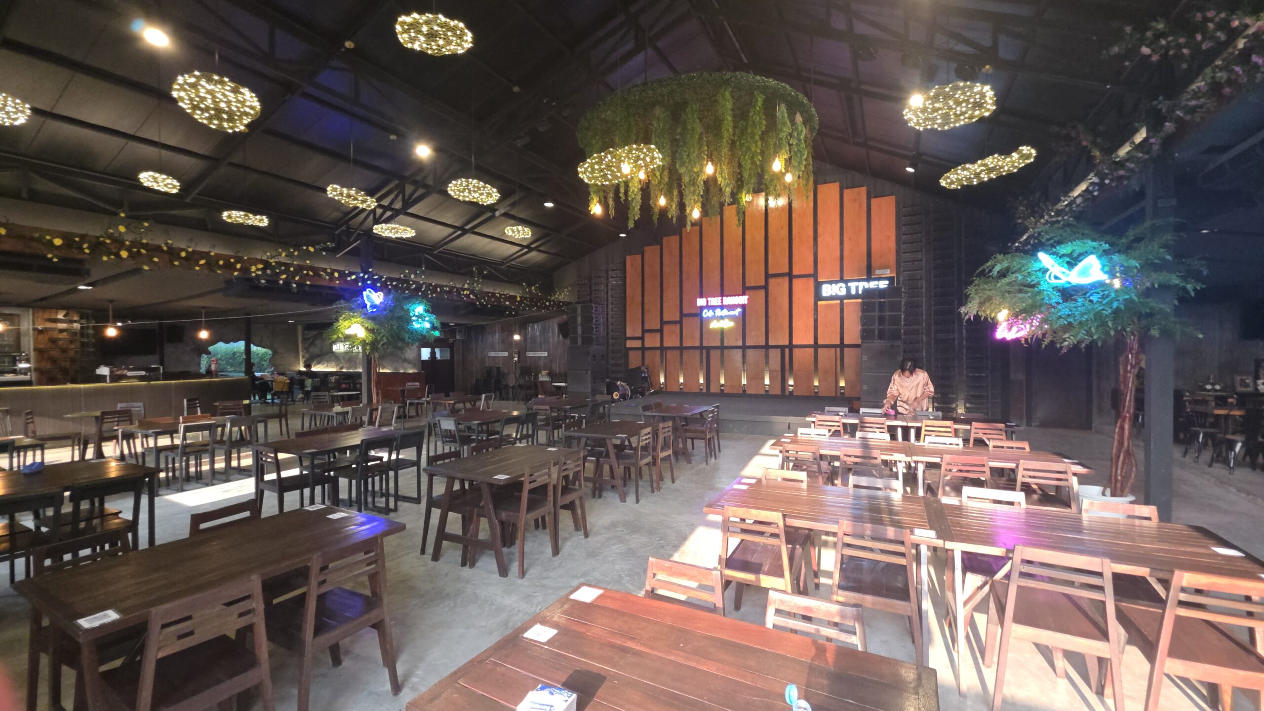 ภายในร้านอาหาร Big Tree ตกแต่งสวยงามด้วยโคมไฟกลมเรืองแสง ต้นไม้ประดับห้อยจากเพดาน โต๊ะเก้าอี้ไม้จัดเรียงเป็นระเบียบในห้องโถงกว้างใหญ่