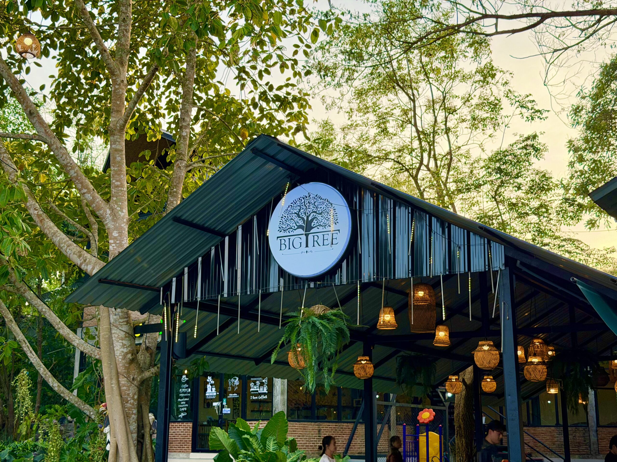 ร้านอาหาร Big Tree ป้ายโลโก้รูปต้นไม้วงกลมบนหลังคาโครงเหล็กสีดำ ตกแต่งด้วยโคมไฟสานและต้นไม้เขียวขจี บรรยากาศร่มรื่นท่ามกลางธรรมชาติ